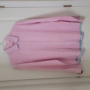 Report Collection, Size XL Pink Linen Button Down Shirt with Blue Accents